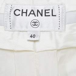 Pre Owned Chanel White Tweed Wide Leg Trousers M