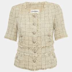 Pre Owned Chanel Beige Tweed Lamé Raw Edge Jacket M