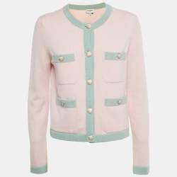 Pre Owned Chanel Pink /Mint Green Cashmere Pocket Front Cardigan M