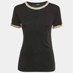 Pre Owned Chanel Black Braided Trim Jersey T-Shirt S