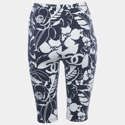 Pre Owned Chanel Navy Blue/White Floral Print Jersey Biker Shorts S