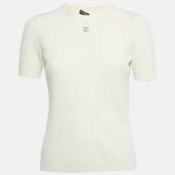 Pre Owned Chanel Cream Logo Embroidered Rib Knit Top S