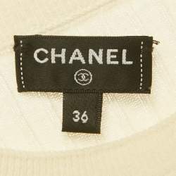 Pre Owned Chanel Cream Logo Embroidered Rib Knit Top S