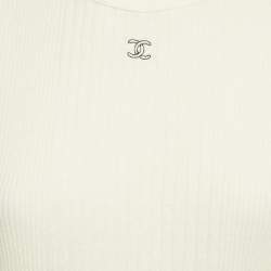 Pre Owned Chanel Cream Logo Embroidered Rib Knit Top S