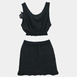 Pre Owned Chanel Setup Suit Cropped Top Pants Skirt Black #34