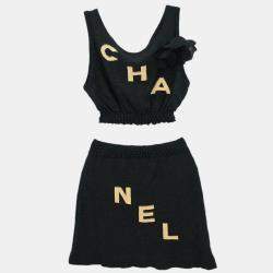 Pre Owned Chanel Setup Suit Cropped Top Pants Skirt Black #34