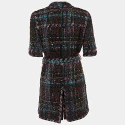 Pre Owned Chanel Black/Purple Tweed Belted Long Jacket M 