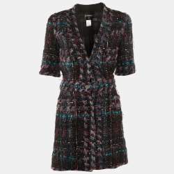 Pre Owned Chanel Black/Purple Tweed Belted Long Jacket M 