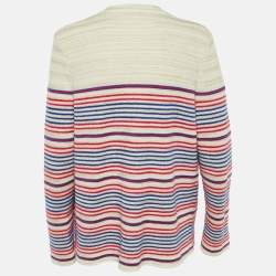 Pre Owned Chanel Ivory Striped Lurex Linen & Cashmere Open Front Cardigan XL