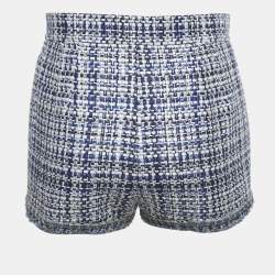 Pre Owned Chanel Blue /White Tweed Frayed Hem Mini Shorts M