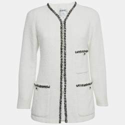 Pre Owned Chanel White Tweed Open Front Jacket S