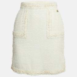 Pre Owned Chanel White Tweed Pencil Skirt S