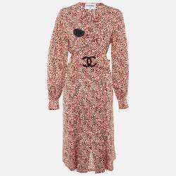 مملوكة مسبقًا Chanel Red CC Check Print Silk Belted Midi Dress M