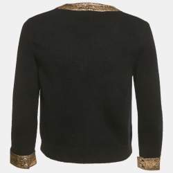Pre Owned Chanel Black/Metallic Coated Leather Trim Cashmere Cardigan S