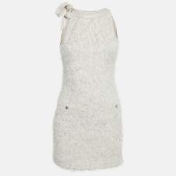 Pre Owned Chanel Light Grey Lamé Textured Knit Mini Dress S