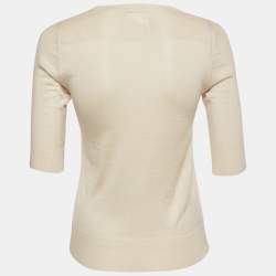 Pre Owned Chanel Cream Cashmere Knit V-Neck Top S