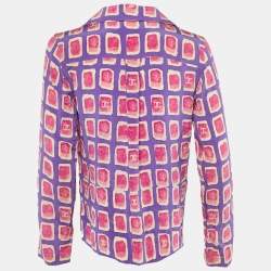 Pre Owned Chanel Purple and Pink Watercolor Print Silk Zip Up Blouse M