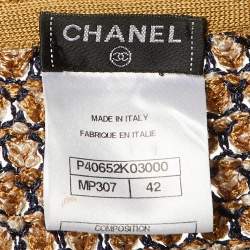Pre Owned Chanel Navy Blue /Beige Tweed Chain Detail Open front Cardigan L