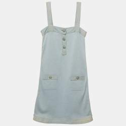 Pre Owned Chanel Blue Knit Denim Trim Mini Dress S