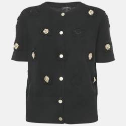 Pre Owned Chanel Black Cashmere Lion Charm Embellished Cardigan XL