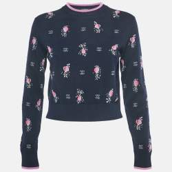 Pre Owned Chanel Navy Blue Patterned Cashmere Sweater S