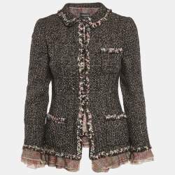 Pre Owned جاكيت طقم شانيل تويد وتول أسود مقاس صغير (سمول)