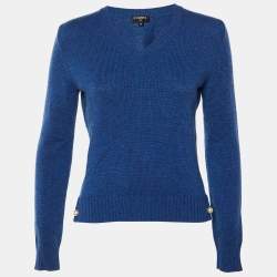 Pre Owned Chanel Blue Cashmere Pearl Detail V-Neck Sweater S