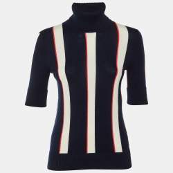 Pre Owned Chanel Navy Blue Striped Cashmere Turtle Neck Sweater S