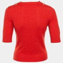 مملوكة مسبقًا Chanel Red Cashmere Pearl Detail Short Sleeve Jumper S