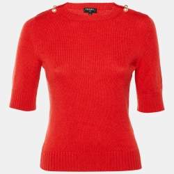 مملوكة مسبقًا Chanel Red Cashmere Pearl Detail Short Sleeve Jumper S
