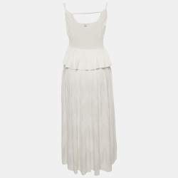 Pre Owned Chanel White Textured Knit Ruffled Midi Dress M