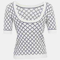 Pre Owned توب شانيل تريكو مضلع بنمط أبيض/أزرق بمقاس وسط مع تفاصيل CC