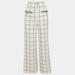 Pre Owned Chanel White Checkered Tweed Trousers M