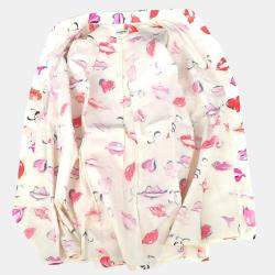 Pre Owned Chanel Lips Pattern Front Opening Long Sleeve Top Shirt White Cotton Size M
