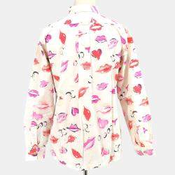Pre Owned Chanel Lips Pattern Front Opening Long Sleeve Top Shirt White Cotton Size M