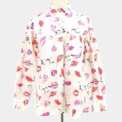 مملوكة مسبقًا Chanel Lips Pattern Front Opening Long Sleeve Top Shirt White Cotton Size M