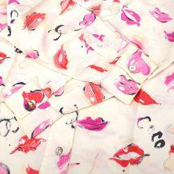 Pre Owned Chanel Lips Pattern Front Opening Long Sleeve Top Shirt White Cotton Size M