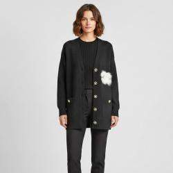 Pre Owned Chanel Black CC Feather Trim Cashmere Cardigan S