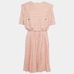 مملوكة مسبقًا Chanel Pink Striped Tweed Midi Dress M