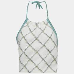 مملوكة مسبقًا Chanel White/Blue Checks Tweed Halter Neck Crop Top M