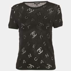 Pre Owned Chanel Black CC Logo Embroidered Eyelet Cotton Blend Short Sleeve T-Shirt S