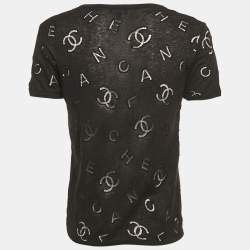مملوكة مسبقًا Chanel Black CC Logo Embroidered Eyelet Cotton Blend Short Sleeve T-Shirt S