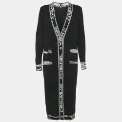 Pre Owned كارديغان شانيل كشمير أسود بحزام شعار طويل بأزرار مقاس صغير