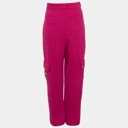 Pre Owned بنطلون شانيل تويد وردي بجيوب رقعة وتفاصيل ساق عريضة مقاس صغير - سمول