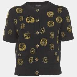 Pre Owned Chanel Black Coin Intarsia Cashmere Button Front Cardigan M