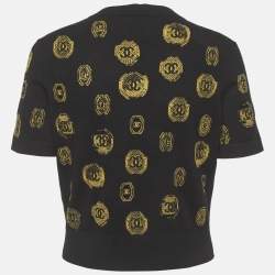 Pre Owned Chanel Black Coin Intarsia Cashmere Button Front Cardigan M