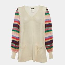 مملوكة مسبقًا Chanel Beige Silk Knit V-Neck Sweatshirt L