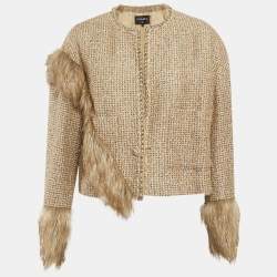Pre Owned Chanel Beige/Gold Tweed Faux Fur Trim Jacket M