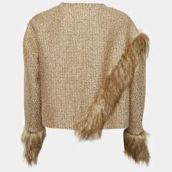 Pre Owned جاكيت شانيل بيج/ذهبي تويد تقليم فرو صناعي مقاس متوسط