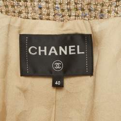 Pre Owned جاكيت شانيل بيج/ذهبي تويد تقليم فرو صناعي مقاس متوسط